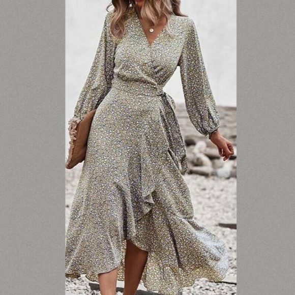 SUPREME FASHION "KHAKI" FLORAL PRINT WRAP DRESS W/RUFFLE DETAILING~MISSES LARGE - Picture 2 of 5